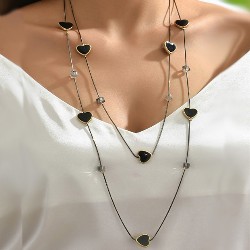Women Jewelry Accessories For Black Dress - Çok Katmanlı Siyah Boncuk Zincir Uzun