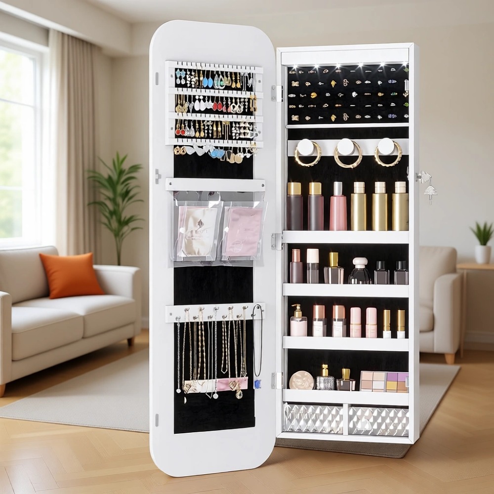 Women Accessories Organizer - LED Işıklı, Aynalı, Kilitlenebilir, Beyaz Mücevher